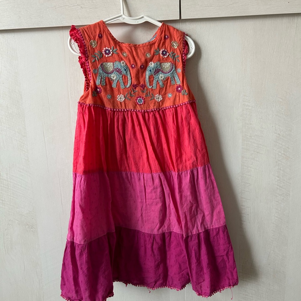 Mini Boden Orange Red Tiered Sundress -Elephant Print 100% cotton 5-6